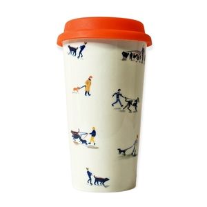 *SOLD* ANTHROPOLOGIE Dog Walker Stoneware Travel Mug with Lid for Coffee or Tea